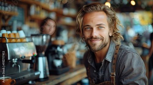 handsome baristworking in coffee shop preparing coffee for female customer at counter university student working part time in cafe