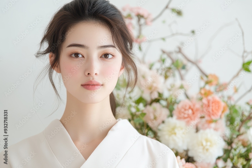 Serene Beauty: Japanese Model Woman Practicing Ikebana, Embracing Floral Harmony with Mindfulness in Ethereal Studio Setting (Close-Up Composite) Serene Beauty: Japanese Model Woman Practicing Ikebana, Embracing Floral Harmony with Mindfulness in Ethereal Studio Setting (Close-Up Composite)