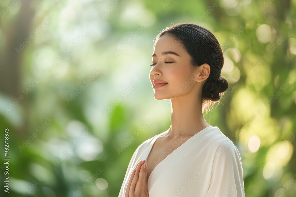 Serene Southeast Asian Woman Practicing Mindfulness Yoga in Ethereal Garden Setting, Symbolizing Inner Peace Serene Southeast Asian Woman Practicing Mindfulness Yoga in Ethereal Garden Setting, Symbolizing Inner Peace