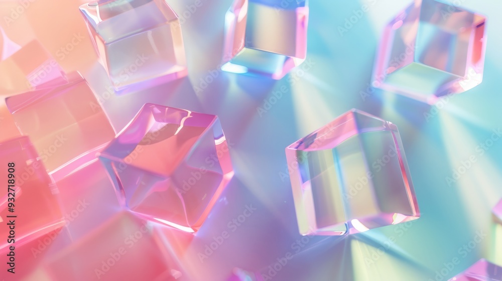 Dynamic composition of translucent cubes suspended in mid-air with soft shadows and a smooth pastel backdrop Dynamic composition of translucent cubes suspended in mid-air with soft shadows and a smooth pastel backdrop