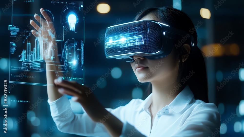 Woman wearing VR headset, interacting with virtual interface, technology future. Woman wearing VR headset, interacting with virtual interface, technology future.