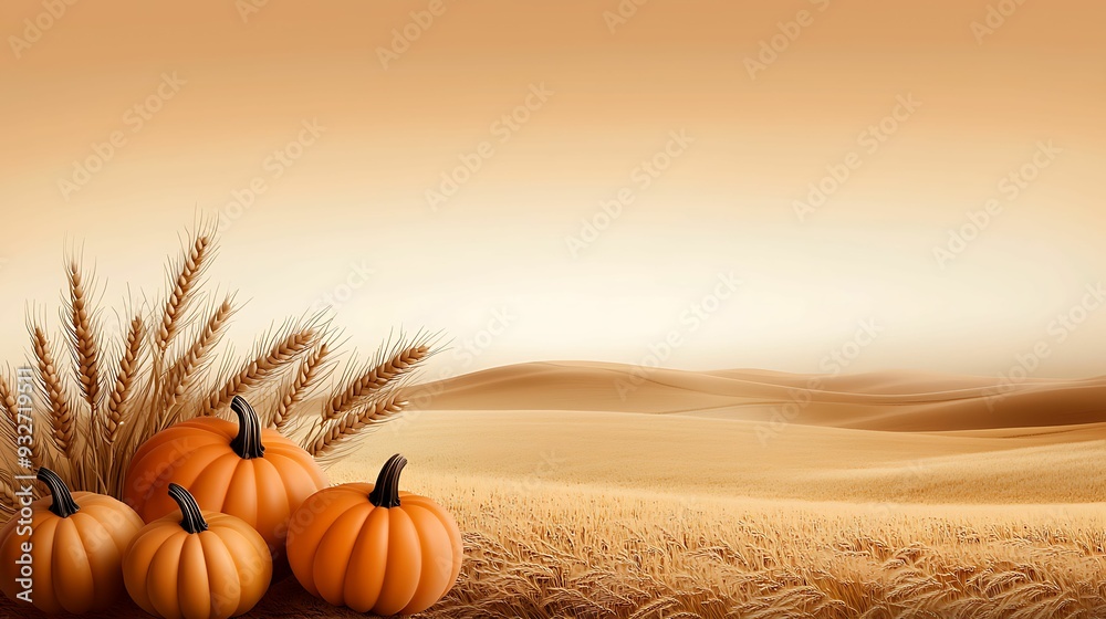 Golden wheat field at dusk with ripe pumpkins in the foreground, isometric view, rich autumn colors, natural countryside vibe, copy space for text, Golden wheat field at dusk with ripe pumpkins in the foreground, isometric view, rich autumn colors, natural countryside vibe, copy space for text,