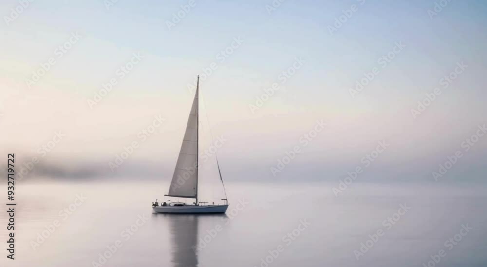 Lone Sailboat Drifting Through Pure White Fog Lone Sailboat Drifting Through Pure White Fog