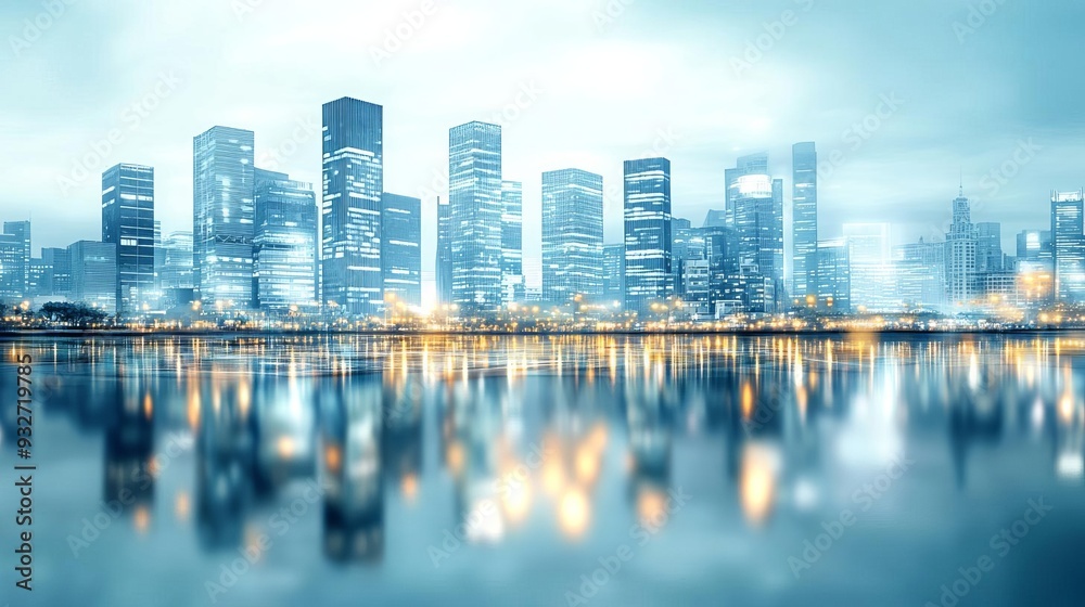 Obraz premium Dreamy cityscape, blurred architecture with reflective surfaces, muted pastels, tranquil ambiance, Watercolor style