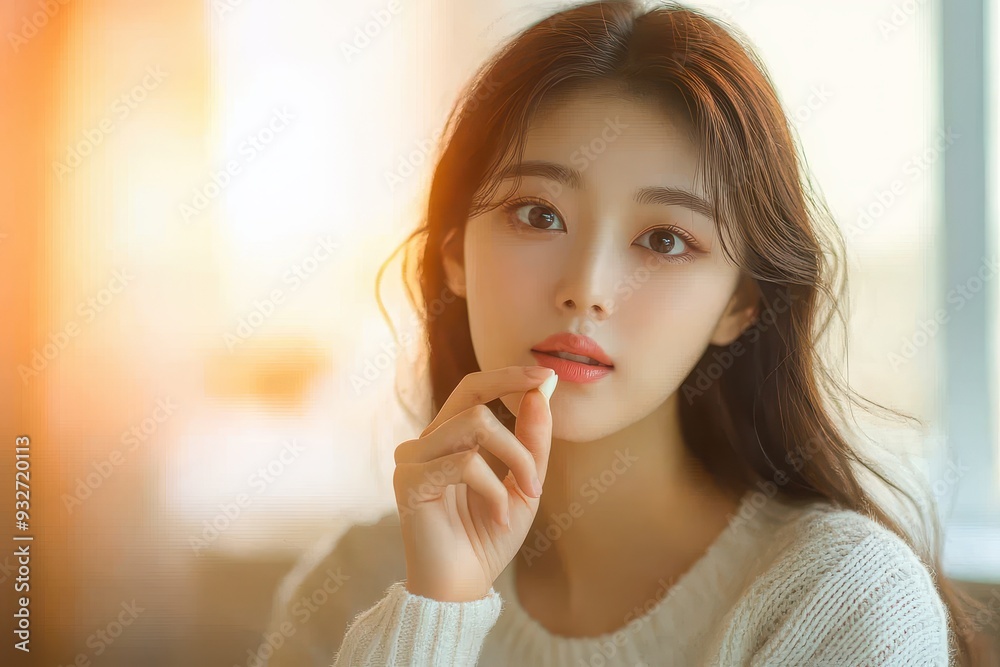 Serene Korean Woman Applying Lip Balm - Embracing Self-Care in Bright Setting Serene Korean Woman Applying Lip Balm - Embracing Self-Care in Bright Setting