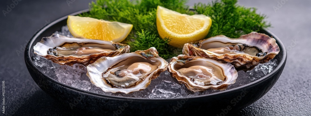 Fresh oysters, on a bed of crushed ice, with lemon wedges, bright natural light Fresh oysters, on a bed of crushed ice, with lemon wedges, bright natural light