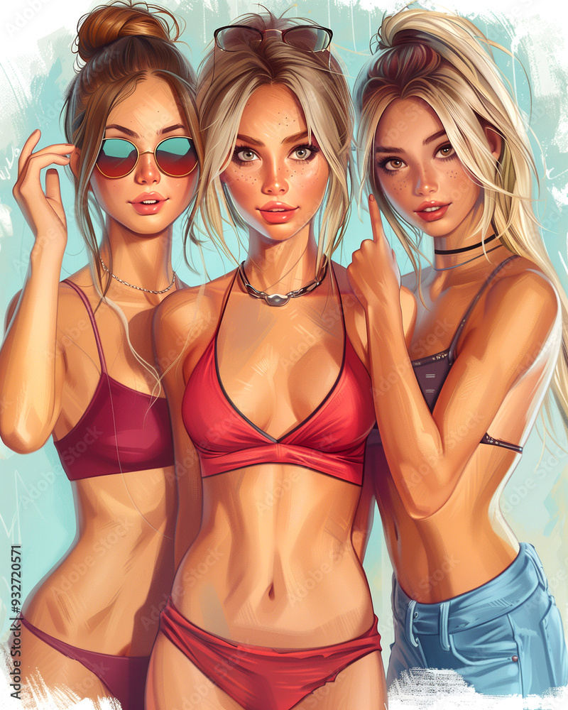 Three women are posing for a picture in bikinis. The girls are wearing sunglasses and one of them is wearing a necklace. Scene is fun and carefree, as the girls are enjoying their time together Three women are posing for a picture in bikinis. The girls are wearing sunglasses and one of them is wearing a necklace. Scene is fun and carefree, as the girls are enjoying their time together