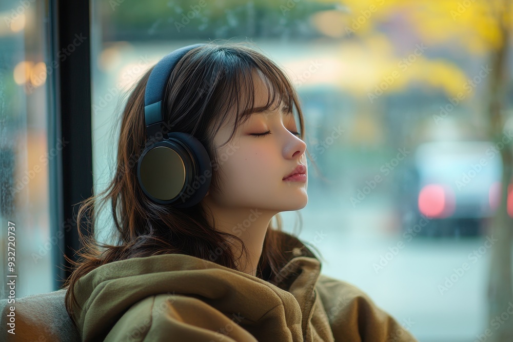 Serene Japanese Woman Practicing Mindfulness with Soft Music for Sound Therapy in Peaceful Room Silhouette - Close Up Realistic Meditation Photo Serene Japanese Woman Practicing Mindfulness with Soft Music for Sound Therapy in Peaceful Room Silhouette - Close Up Realistic Meditation Photo