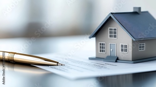 Close-up of a model house and a pen on a contract, symbolizing real estate agreements and home ownership.