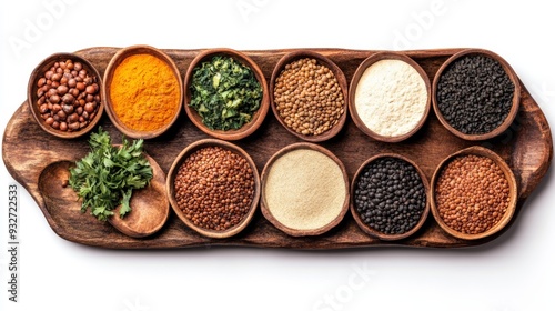 A vibrant assortment of spices and herbs displayed in wooden bowls, perfect for enhancing culinary creations and flavorful dishes.