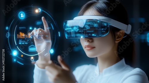 Woman using virtual reality headset to interact with digital interface.