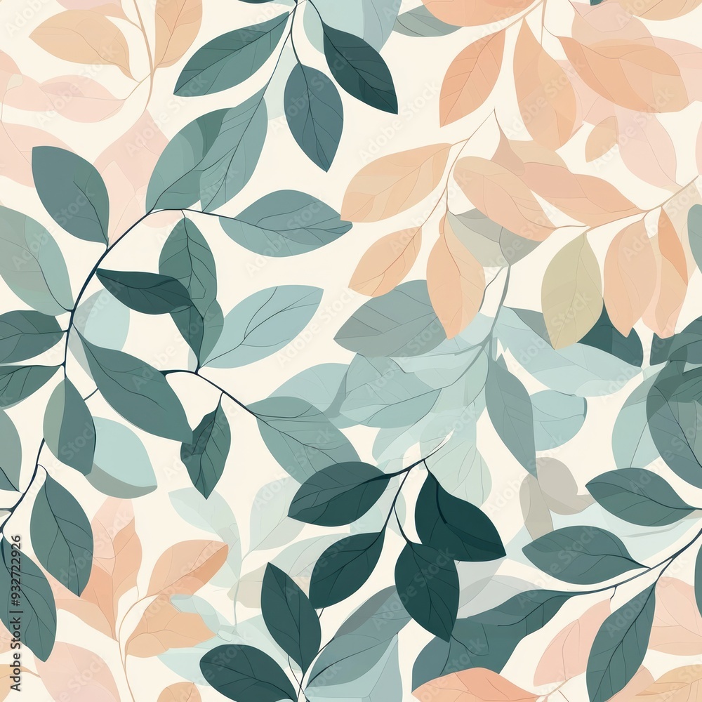 Seamless pattern of pastel ombre leaves blending from mint to soft beige Seamless pattern of pastel ombre leaves blending from mint to soft beige