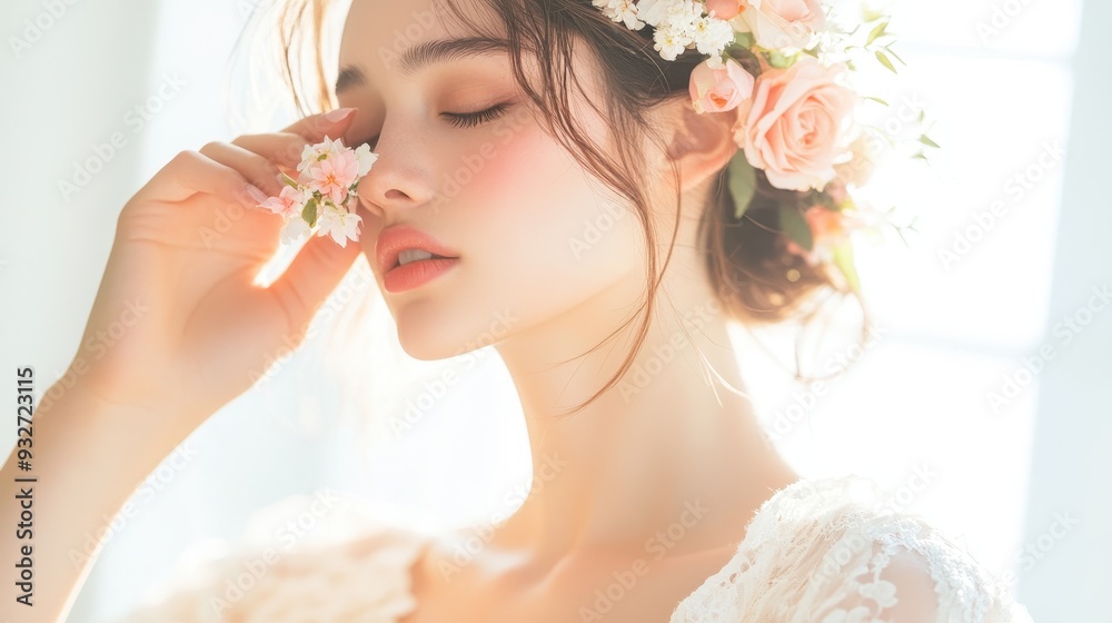 Serene Japanese Woman Adorning Hair with Flowers, Embracing Self-Love in Sunlit Room - Close up Ethereal Floral Beauty Serene Japanese Woman Adorning Hair with Flowers, Embracing Self-Love in Sunlit Room - Close up Ethereal Floral Beauty