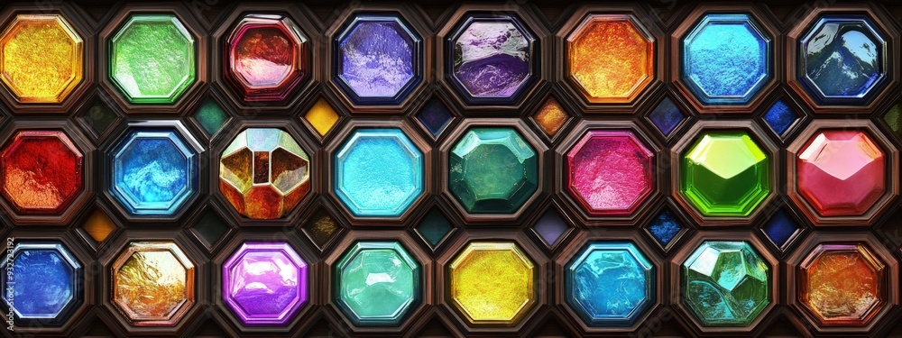 Mosaic of hexagons, rainbow palette, stained glass texture, bright midday light Mosaic of hexagons, rainbow palette, stained glass texture, bright midday light