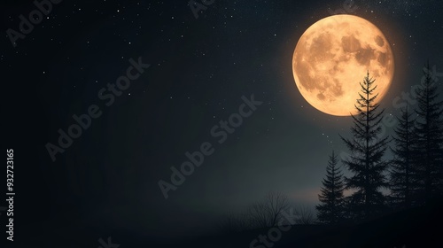 A serene night scene featuring a full moon illuminating dark trees against a starry sky, creating a tranquil atmosphere.