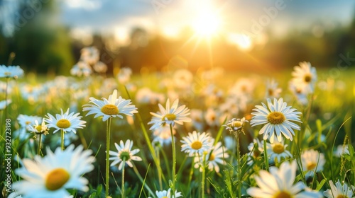 Expansive spring meadow filled with vibrant daisies and buttercups, bathed in warm sunlight, with a few scattered trees on the horizon.