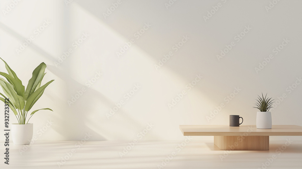 Fototapeta premium A realistic photo of cozy minimalist living room with ample natural light, featuring a plush Medium sized sofa, a coffee table, Coffee Mug and a few carefully placed plants, dark grey color sofa.