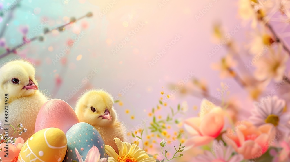 Festive Easter card background showcasing a pattern of decorated eggs, spring flowers, and cheerful chicks on a soft, gradient backdrop Festive Easter card background showcasing a pattern of decorated eggs, spring flowers, and cheerful chicks on a soft, gradient backdrop