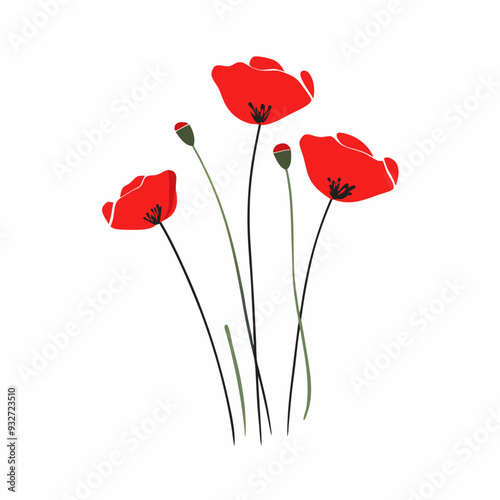 Red poppy meadow flowers Flat vector illustration on a isolated white background (10)