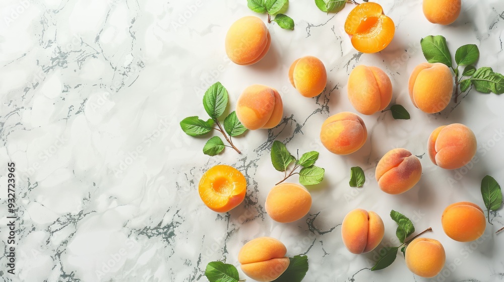 Fresh apricots arranged artistically on a light background, showing off their smooth skin and natural shine in a clean, uncluttered setting Fresh apricots arranged artistically on a light background, showing off their smooth skin and natural shine in a clean, uncluttered setting
