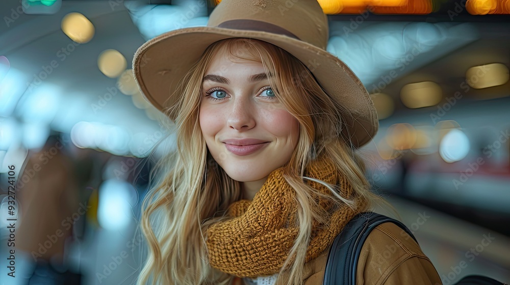 happy young traveler woman,luggage waiting for train at train station platform happy young traveler woman,luggage waiting for train at train station platform