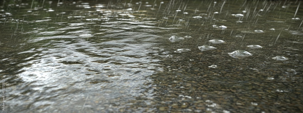 Rainfall over lake, ripples on water surface, gray overcast sky Rainfall over lake, ripples on water surface, gray overcast sky