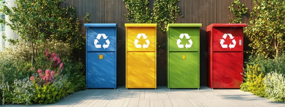 custom made wallpaper toronto digitalRecycling bins, clearly labeled, in an urban environment, bright outdoor lighting