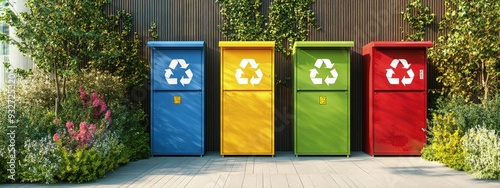 Wallpaper Mural Recycling bins, clearly labeled, in an urban environment, bright outdoor lighting Torontodigital.ca
