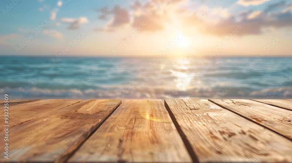 Wood table top on blur sparkling sea water and summer sky background. Wood table top on blur sparkling sea water and summer sky background.