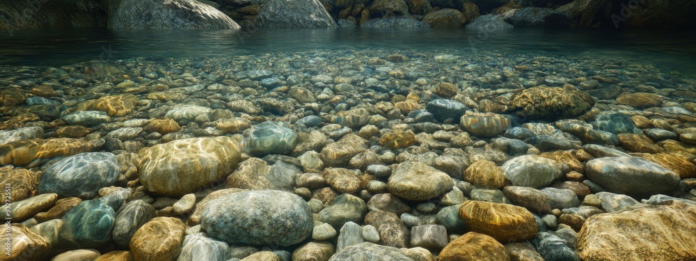 Riverbed, clear flowing water, smooth stones, soft ambient lighting Riverbed, clear flowing water, smooth stones, soft ambient lighting