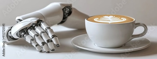 Robotic barista, crafting a latte, precise foam art, warm cafÃ© lighting photo