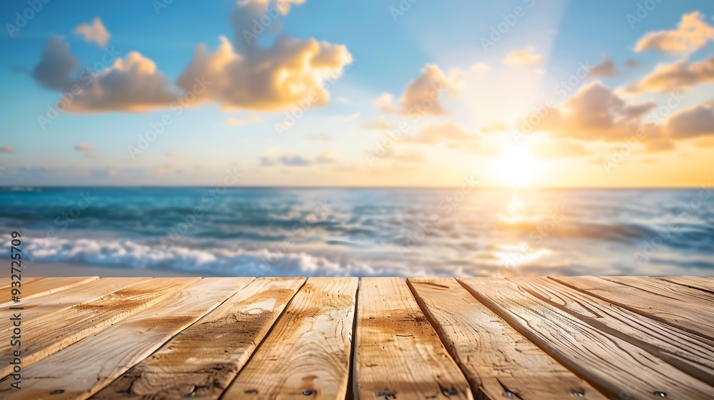 Fototapeta premium Wood table top on blur sparkling sea water and summer sky background.