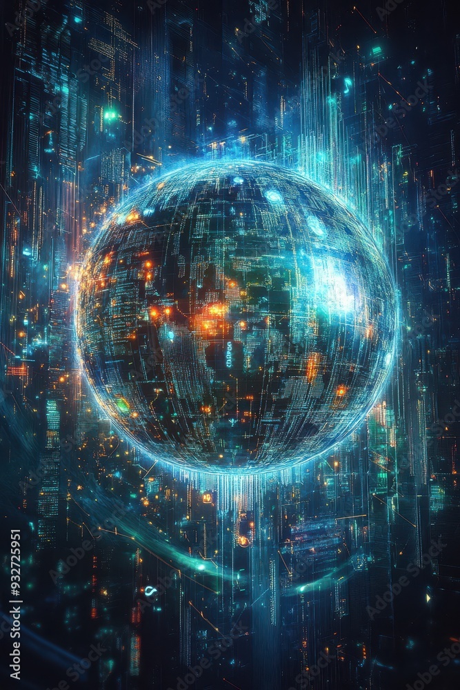Fototapeta premium Futuristic Digital Sphere with Glowing Data Streams in a High-Tech Virtual Environment
