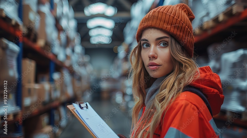 manager woman in reflective safety clothes holding clipboard,documents controlling goods in warehouse manager woman in reflective safety clothes holding clipboard,documents controlling goods in warehouse