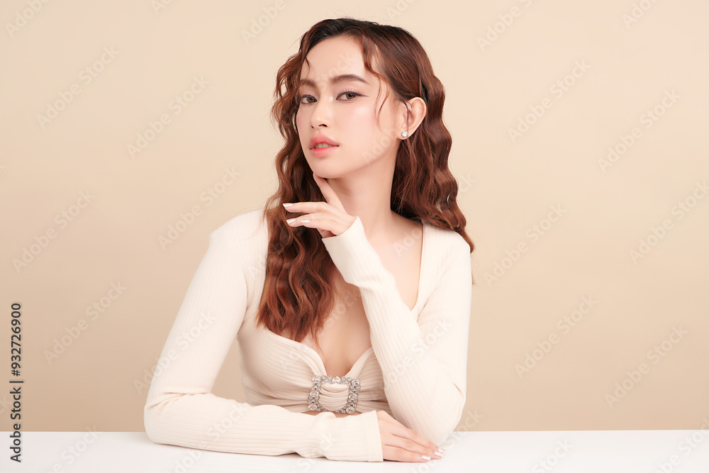 Beautiful young asian woman with clean fresh skin on beige background, Face care, Facial treatment, Cosmetology, beauty and spa, Asian women portrait. Beautiful young asian woman with clean fresh skin on beige background, Face care, Facial treatment, Cosmetology, beauty and spa, Asian women portrait.