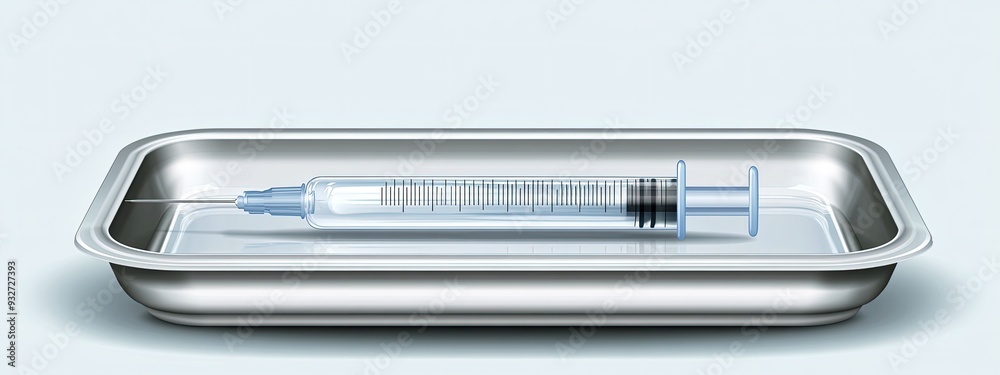 Sterile syringe, filled with clear liquid, placed on a tray, soft backlight Sterile syringe, filled with clear liquid, placed on a tray, soft backlight