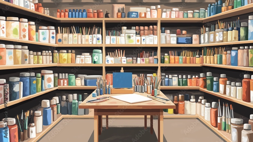 illustration of art supply store with shelves filled with paints, brushes, canvases, and sketchbooks, and a work table for creating in the center