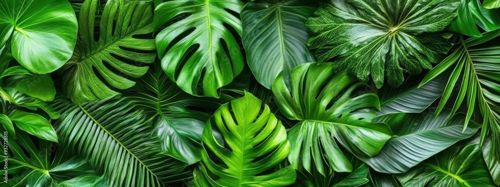 Tropical leaves, lush greens, overlapping fronds, bright daylight Tropical leaves, lush greens, overlapping fronds, bright daylight