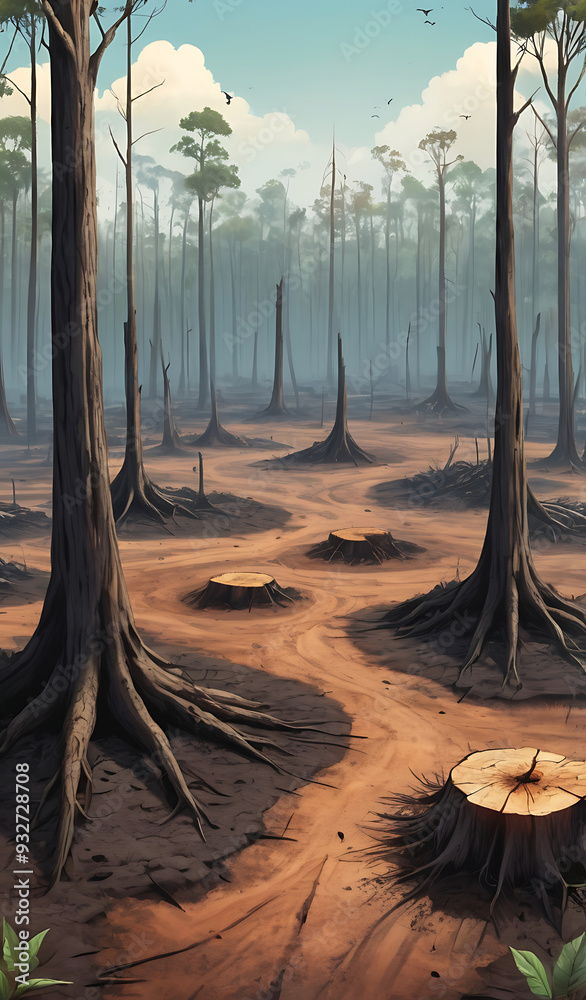 Illustration of a Deforested Area with Stumps and Scorched Earth ...