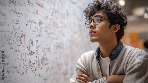 Thai engineer in front of a whiteboard covered in complex engineering diagrams and equations, deep in thought--p