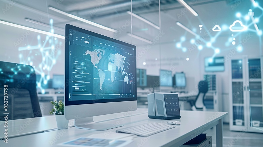 Fototapeta premium Modern Workspace. High-tech office environment with a sleek desk.