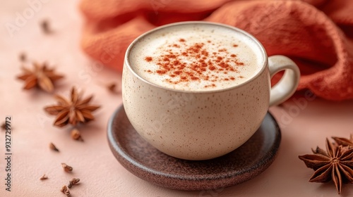 Cozy Cup of Spiced Latte with Star Anise and Cinnamon on a Rustic Saucer Against a Warm Background