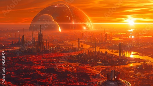 A futuristic cityscape bathed in an orange sunset features tall skyscrapers, domed structures, and sprawling urban areas, ideal for sci-fi or futuristic themes in media and promotional material,