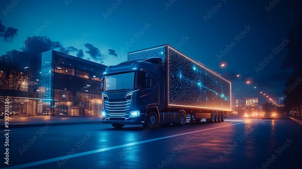 A modern, illuminated truck driving through a city at night with its sides displaying an animated design ideal for depicting futuristic transport, logistics, technology, or urban nightlife themes, A modern, illuminated truck driving through a city at night with its sides displaying an animated design ideal for depicting futuristic transport, logistics, technology, or urban nightlife themes,