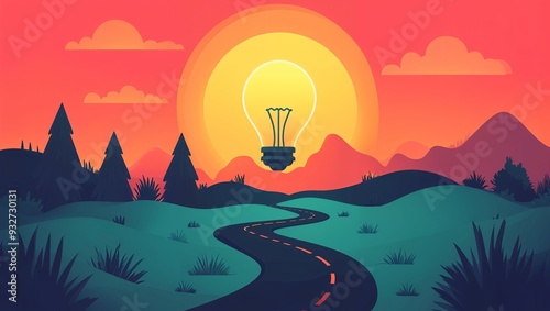 A Breathtaking Scene Where Nature Meets Imagination: A Bright Bulb Suspended in Air Against a Vibrant Sunset with Rolling Hills and Dark Forests Surrounding the Landscape. photo