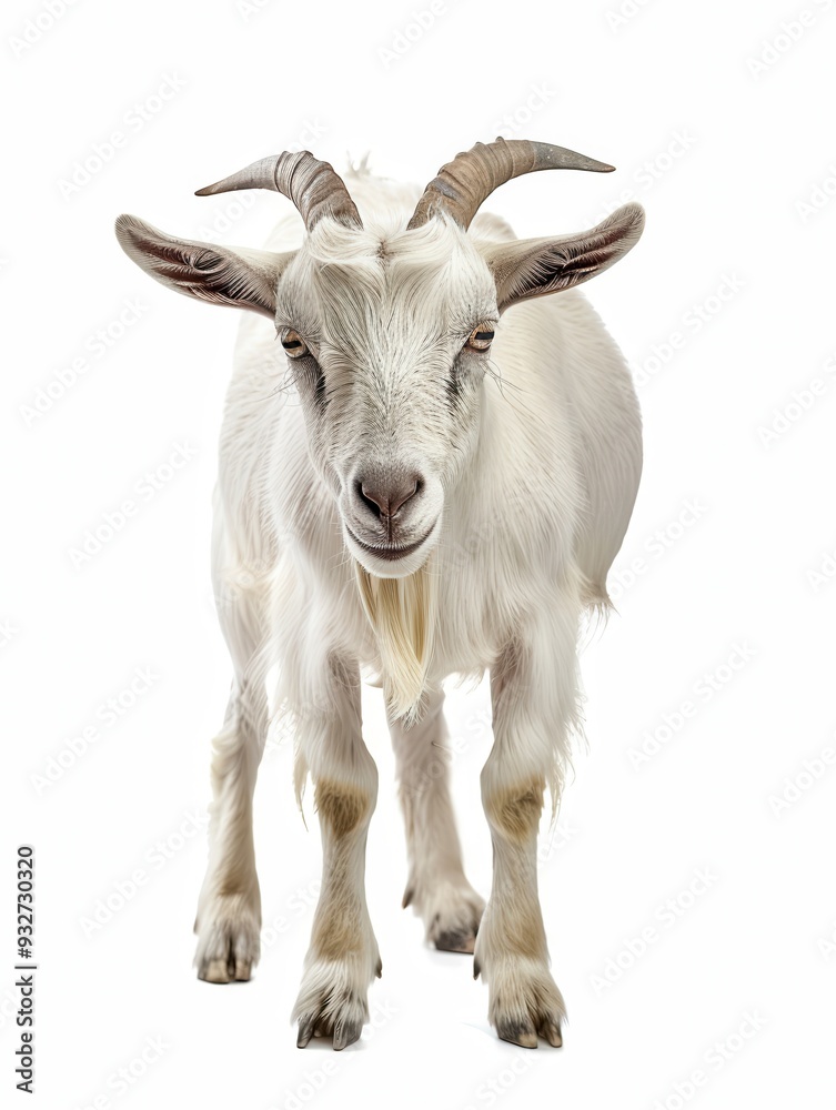 Goat. Toggenburg Goat with Horns Standing Alone, Front View on Studio Shot White Background Goat. Toggenburg Goat with Horns Standing Alone, Front View on Studio Shot White Background
