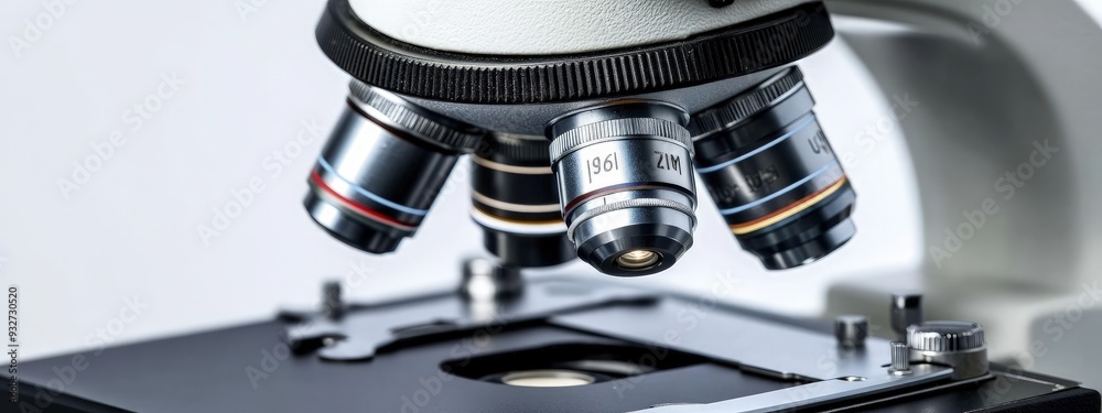 Advanced microscope, zoomed-in view of cells, intricate details, bright lab lighting Advanced microscope, zoomed-in view of cells, intricate details, bright lab lighting