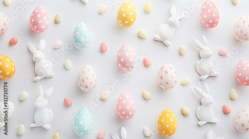 Wallpaper Mural Modern Easter card background with a geometric pattern of Easter-themed icons like eggs and bunnies in fresh, spring colors on a clean, white background Torontodigital.ca