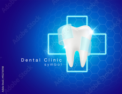 Dental clinic symbol template Root canal treatment, Tooth extraction, Fluoride. Modern design with tooth and plus sign on dark blue background. Realistic vector illustration.