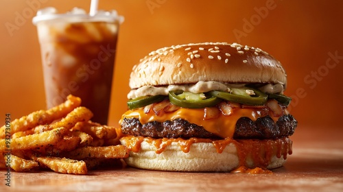 A vibrant burger set with a spicy jalape o burger topped with melted pepper jack cheese, sliced jalape os, and a spicy aioli, all in a toasted bun. The set features a side of spicy fries and a photo